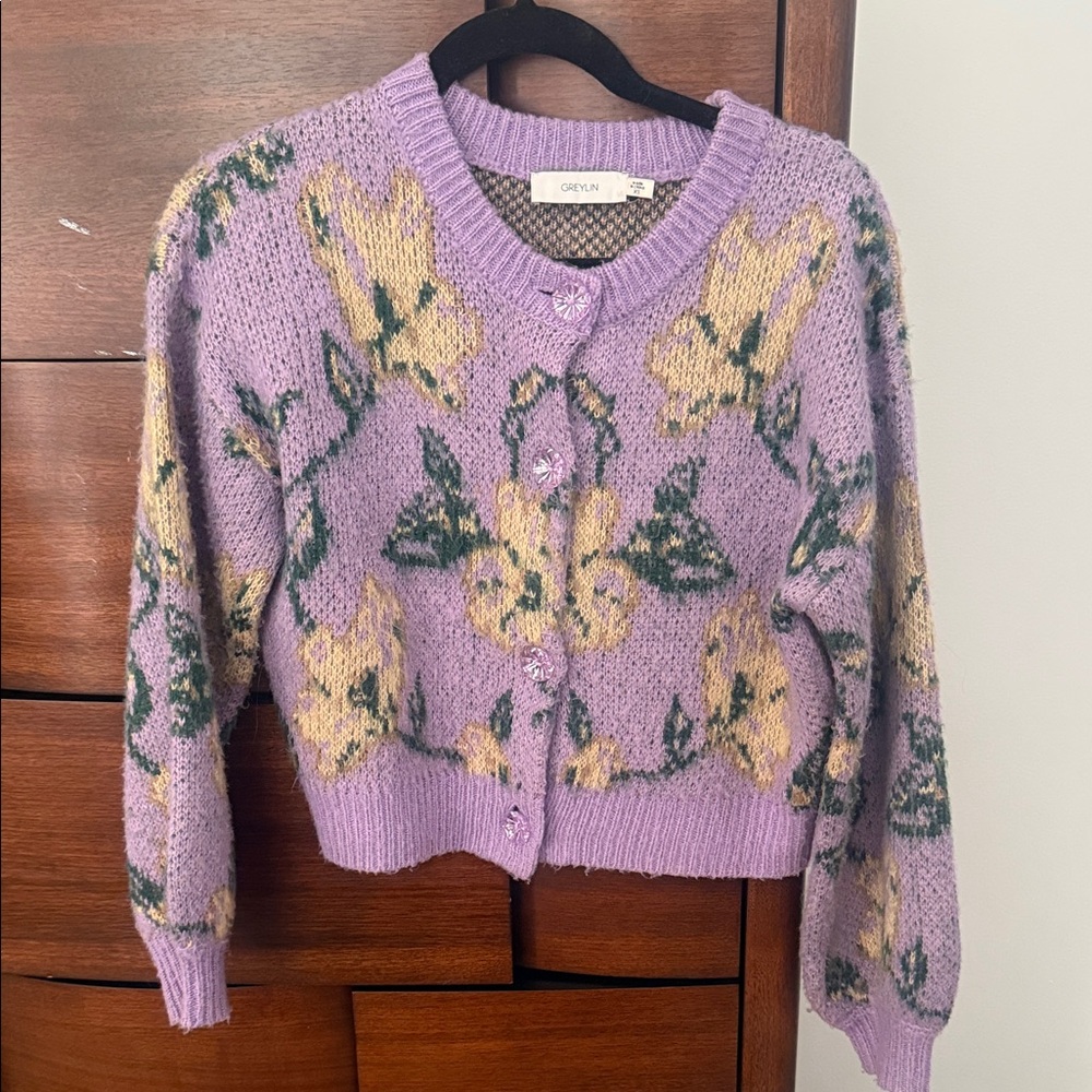 Greylin Lavender Cropped Floral Jacquard Cardigan with Yellow Blooms